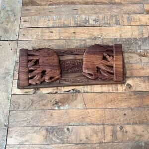 VTG Carved Wood Elephant Expandable Bookends Global Boho Folding Shelf India